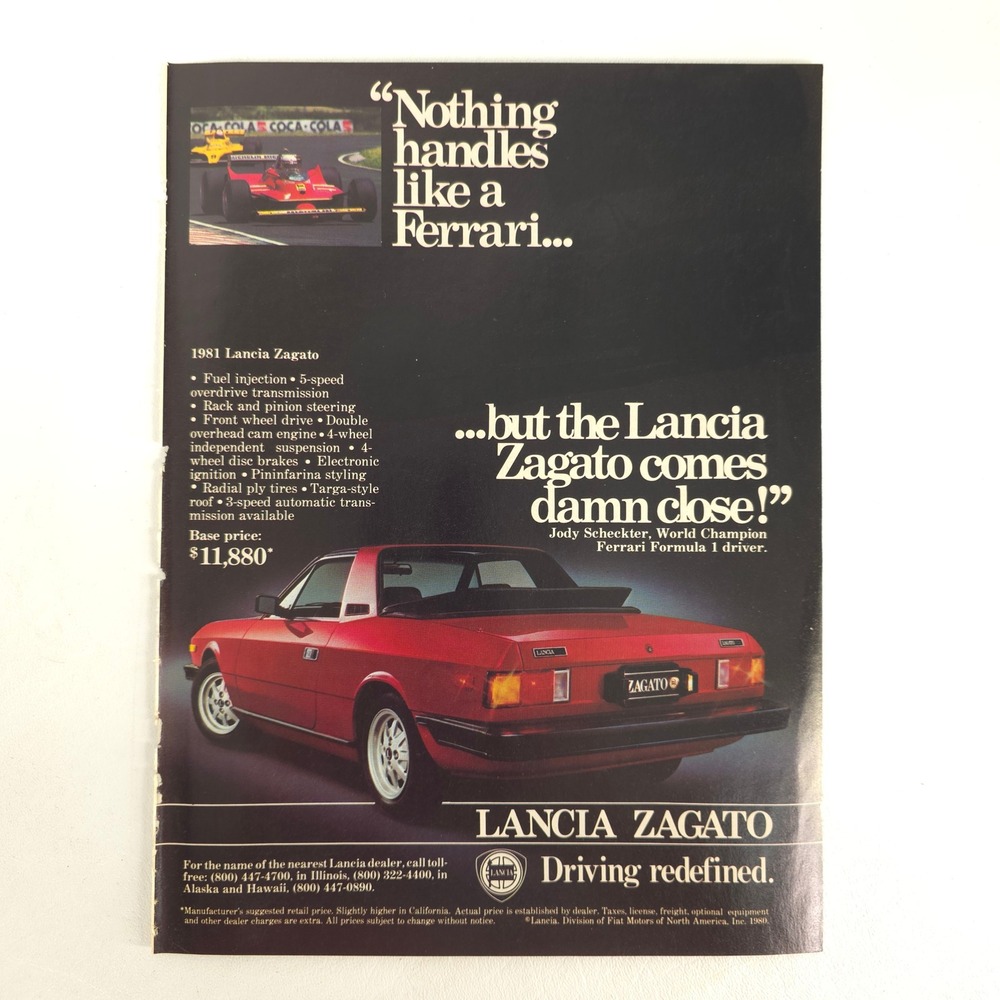 1981 Lancia Zagato Print Ad Jody Scheckter Ferrari Formula Vintage Garage Decor